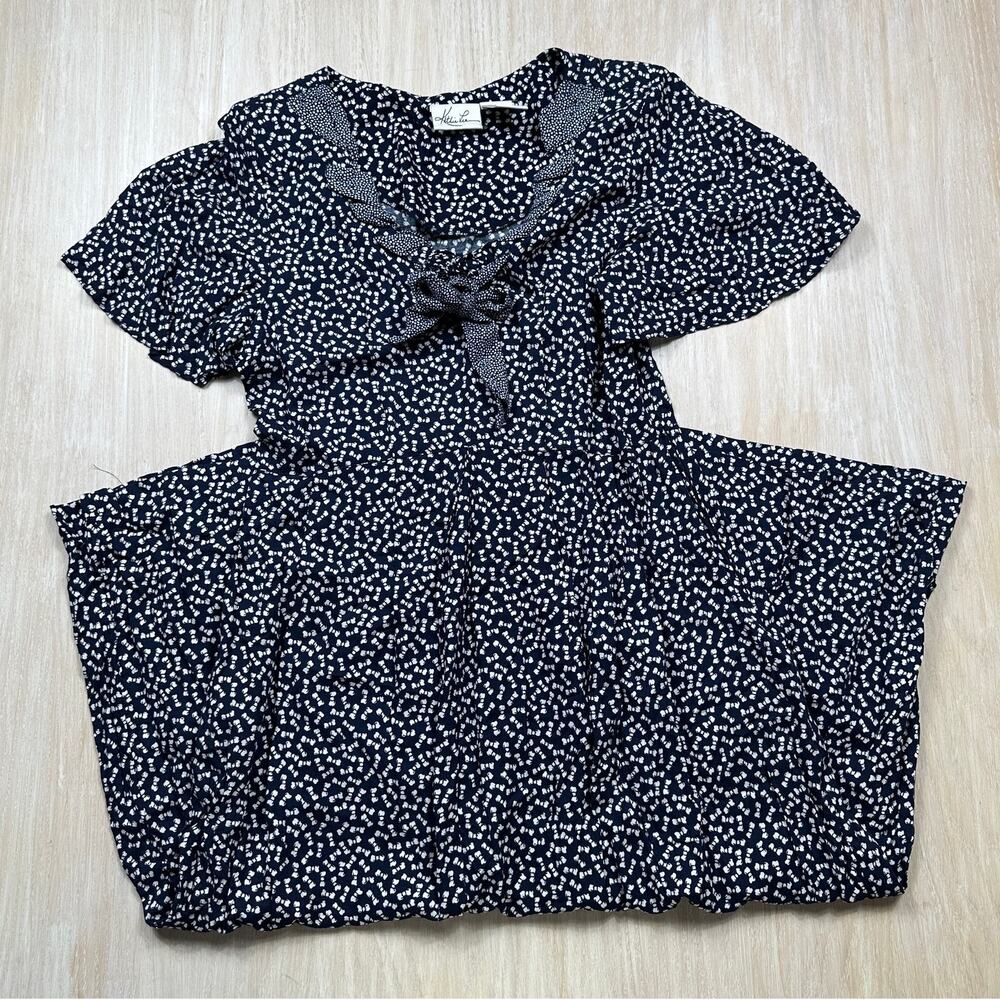 Vintage 90s Kathie Lee Navy White Rayon Bow Tie Cottagecore Midi Tea Dress 12